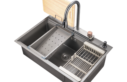 HAUSTERN MERCURY SERIES HAND CRAFTED STAINLESS STEEL FUSION SINK W ACCESSORIES-DIAMOND BLACK COLOUR(800-BK)(HT-MERCURY-800-BK)